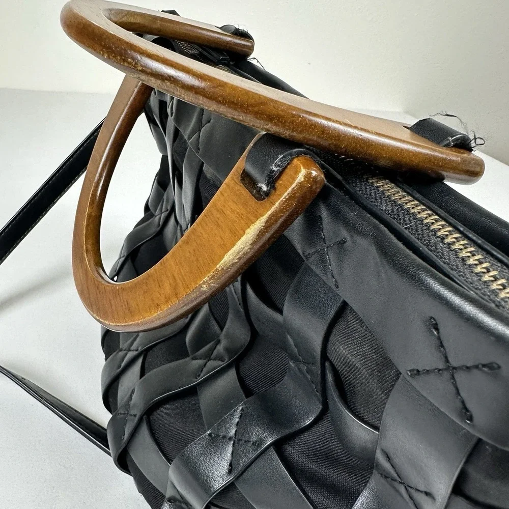 by Anthropologie Black Woven Leather Bag Wood Handle Crossbody Bucket Boho 80s
